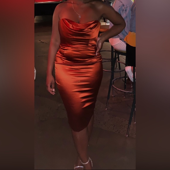 Oh Polly Strapless Satin Dress in Rust - Picture 3 of 9